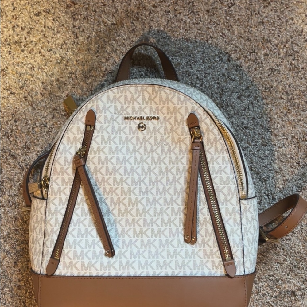Michael Kors Tan and White Logo Backpack